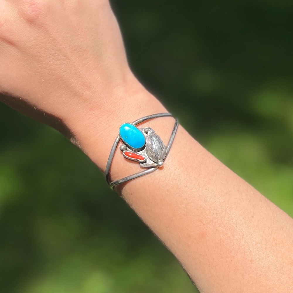 Vintage Red Coral & Turquoise Sterling Silver Cuff - Picture 2 of 16